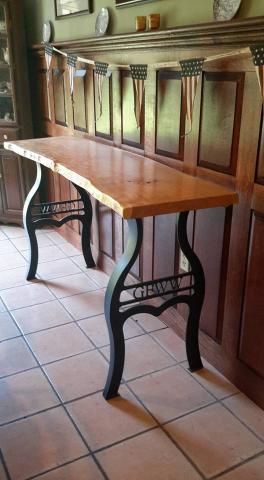 Red Oak paneling, quarter sawn, Butternut, natural edge, metal legs, table